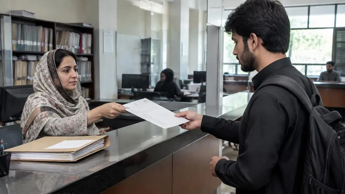 Registrar staff handing a stamped Medium of Instruction letter to a graduate