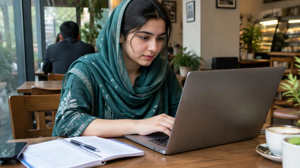 Student writing a scholarship motivation letter by hand at a wooden desk