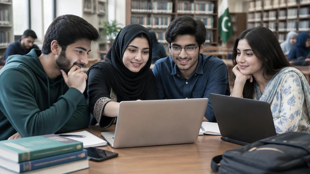 Pakistani student reading scholarship options on a laptop at home