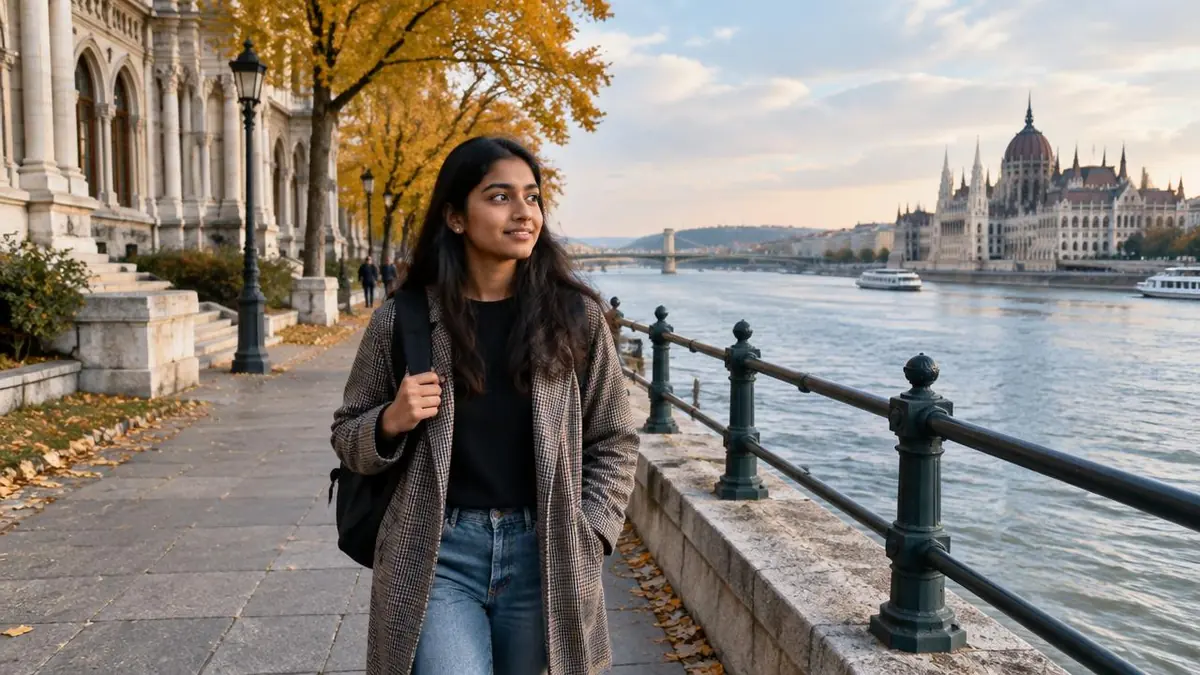 Student walking beside the Danube with Budapest buildings behind