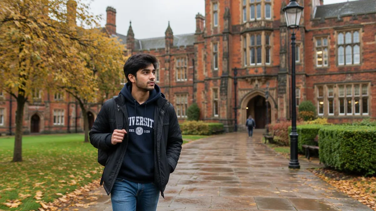 Pakistani scholarship student walking across a green UK university campus
